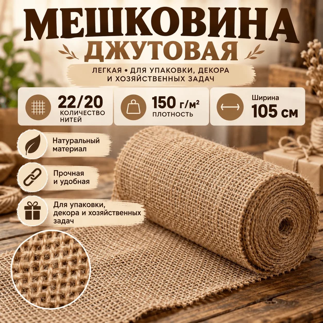 Мешковина джутовая 22/20 плотностью 150 г/м², ширина 105 см — рулон лёгкой натуральной ткани для упаковки и декора