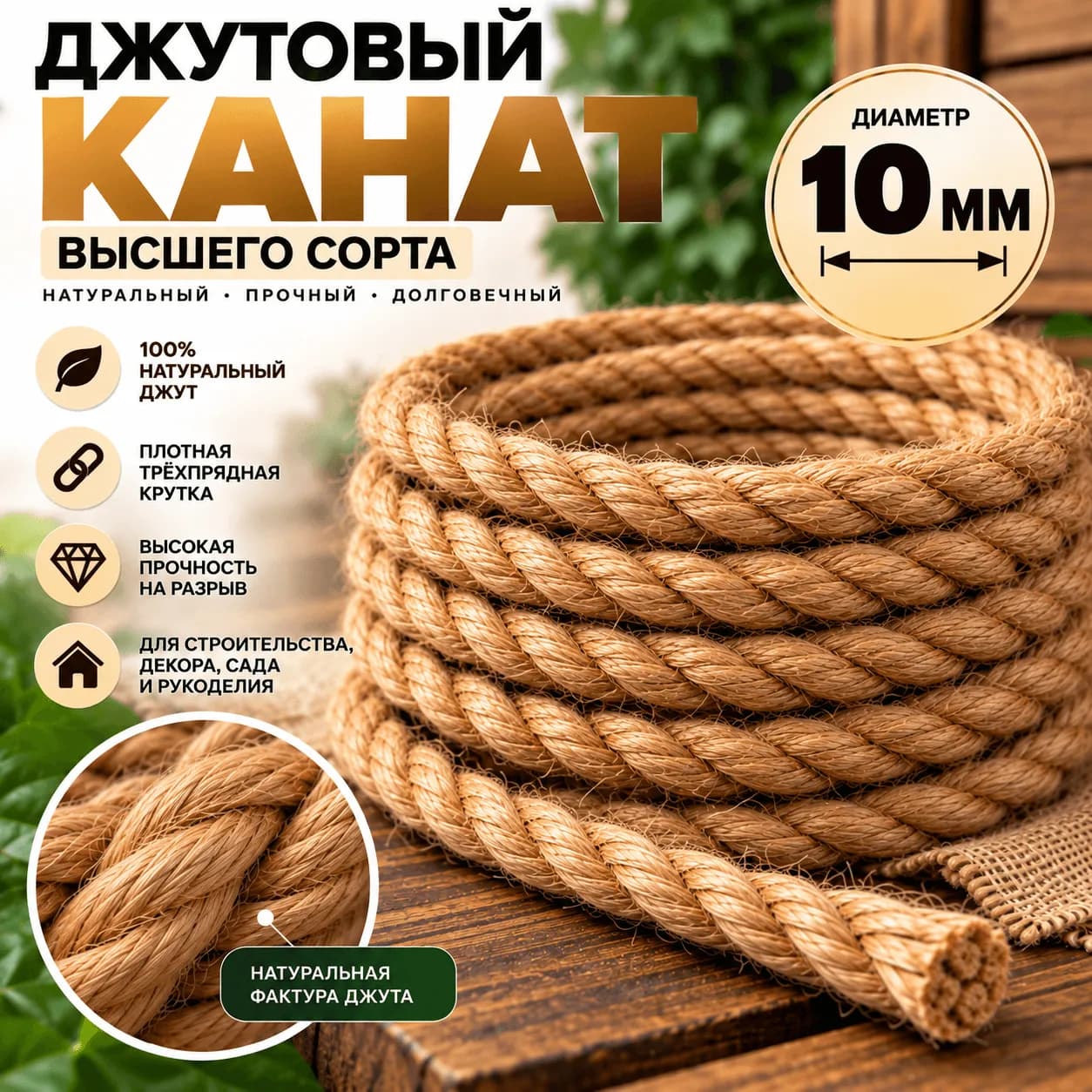 Джутовый канат 10 мм — натуральная фактура