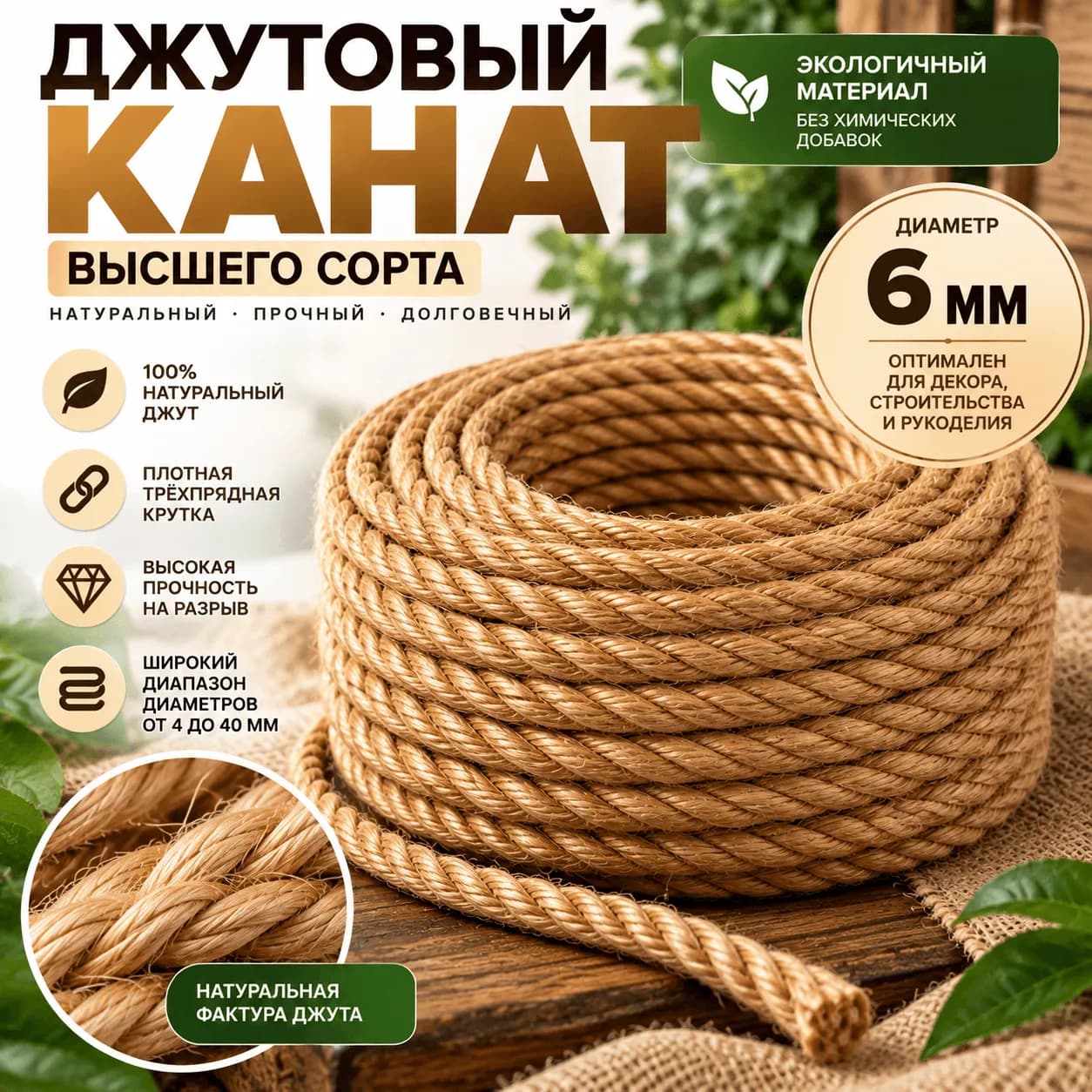 Джутовый канат 6 мм золотого оттенка — общий вид