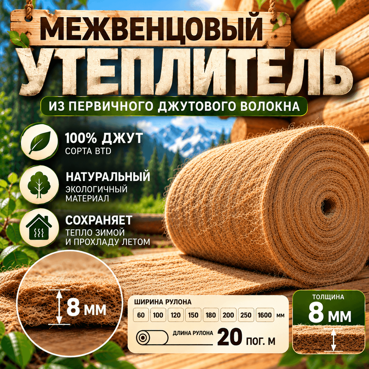 Межвенцовый утеплитель из джута 8мм