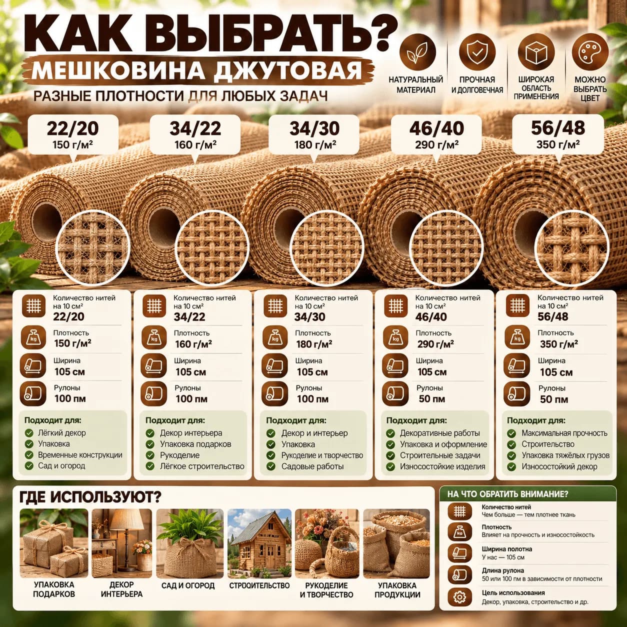 Сравнение пяти видов джутовой мешковины 22/20, 34/22, 34/30, 46/40 и 56/48 — плотность 150–350 г/м², ширина 105 см, применение