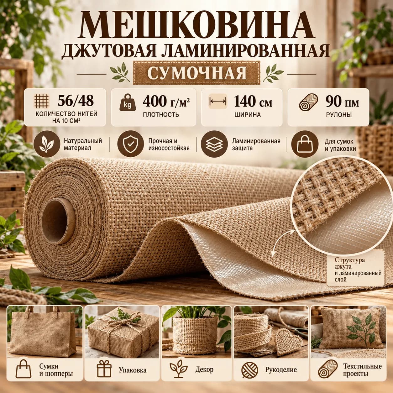 Мешковина джутовая ламинированная сумочная 56/48, плотность 400 г/м², ширина 140 см, рулон 90 пм — прочный материал для сумок, упаковки и декора