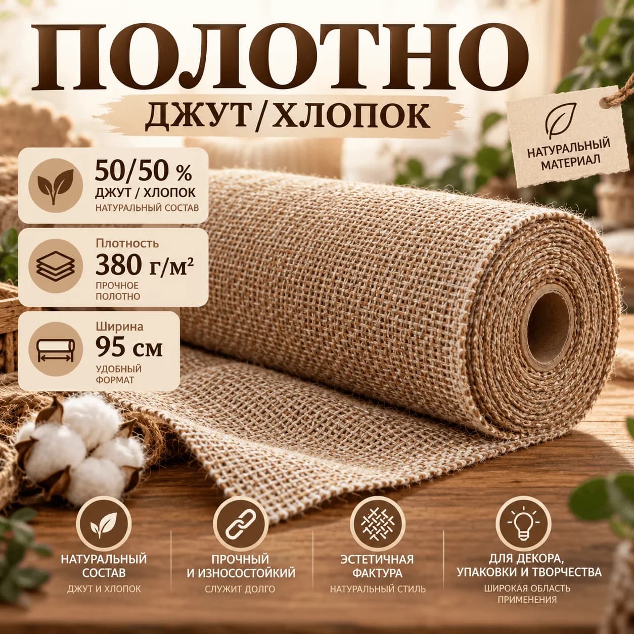 Джутово-хлопковое полотно 50/50 плотностью 380 г/м², ширина 95 см — рулон натуральной ткани для декора, упаковки и рукоделия