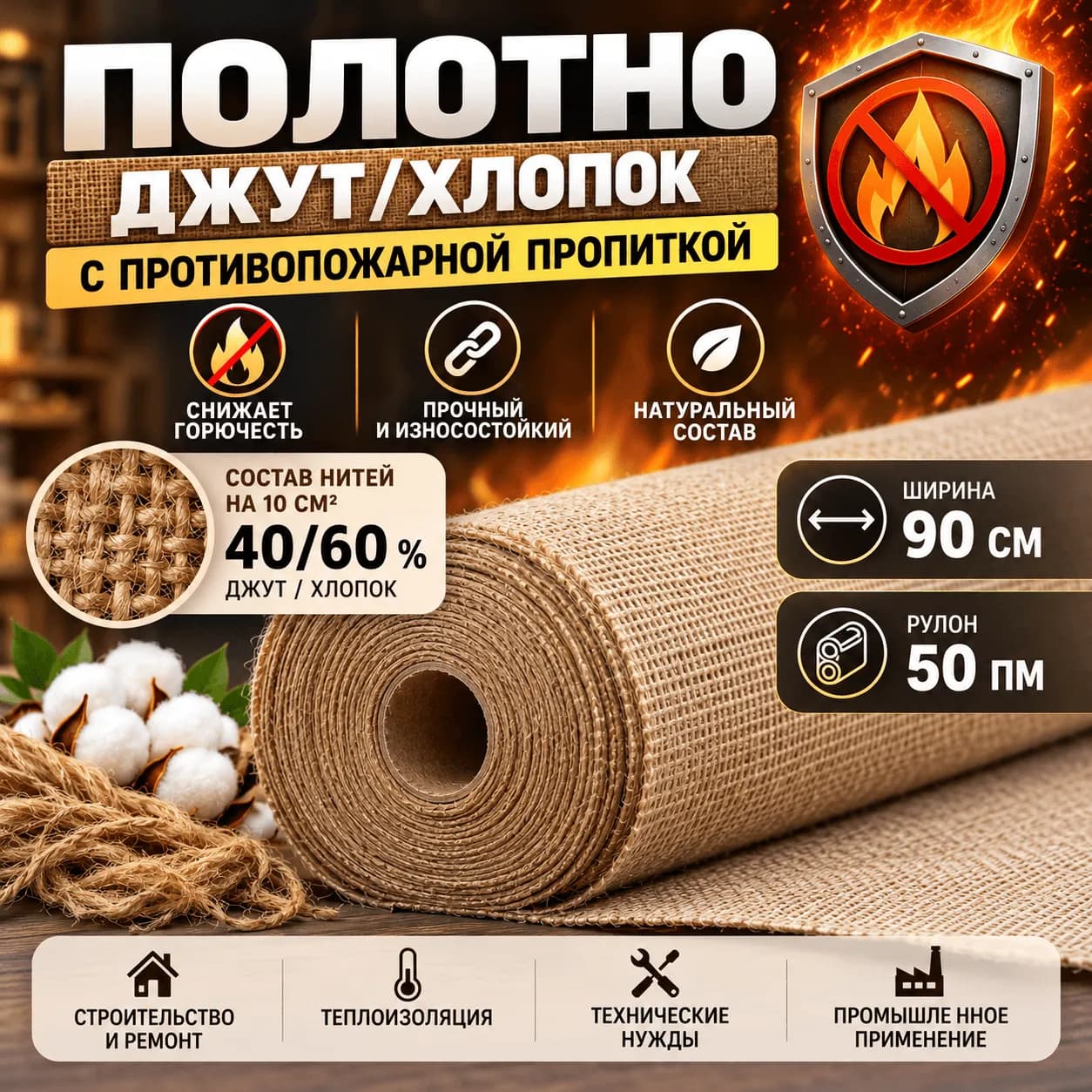 Полотно джут/хлопок 40/60 с противопожарной пропиткой — плотность 480 г/м², ширина 90 см, рулон 50 пог. м