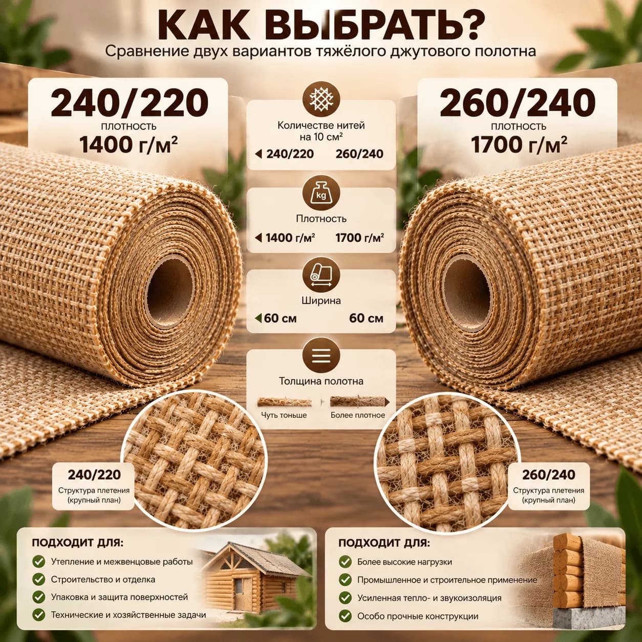 Сравнение тяжёлого джутового полотна 240/220 и 260/240 — плотность 1400 и 1700 г/м², ширина 60 см, различия в плетении и рекомендации по выбору