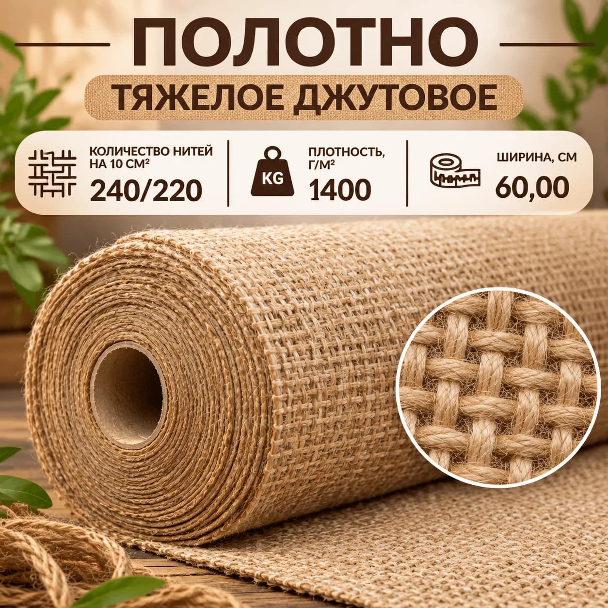 Тяжёлое джутовое полотно 240/220 плотностью 1400 г/м², ширина 60 см — рулон натуральной джутовой ткани с крупным планом плетения
