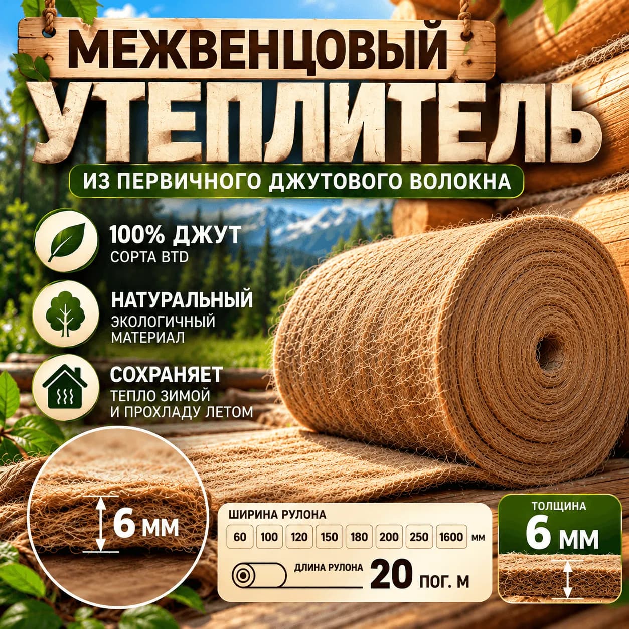 Межвенцовый утеплитель из джута 6мм