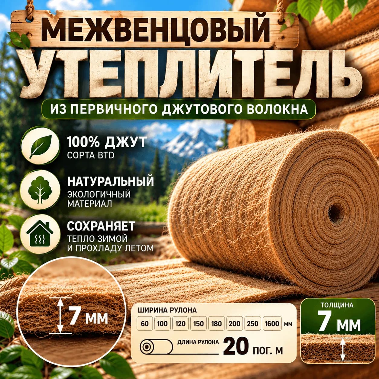 Межвенцовый утеплитель из джута 7мм