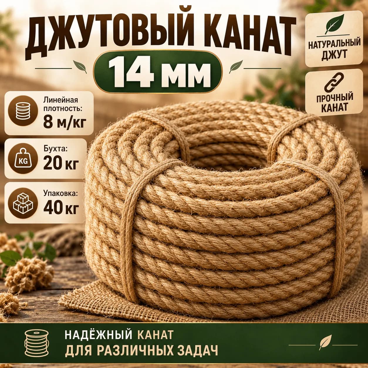 Джутовый канат 14 мм золотого оттенка — общий вид