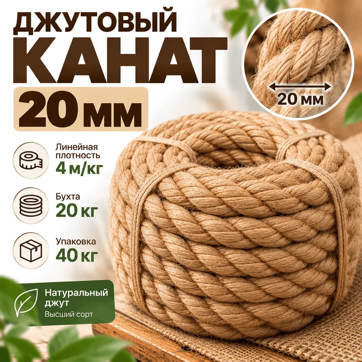Джутовый канат 20 мм золотого оттенка — общий вид