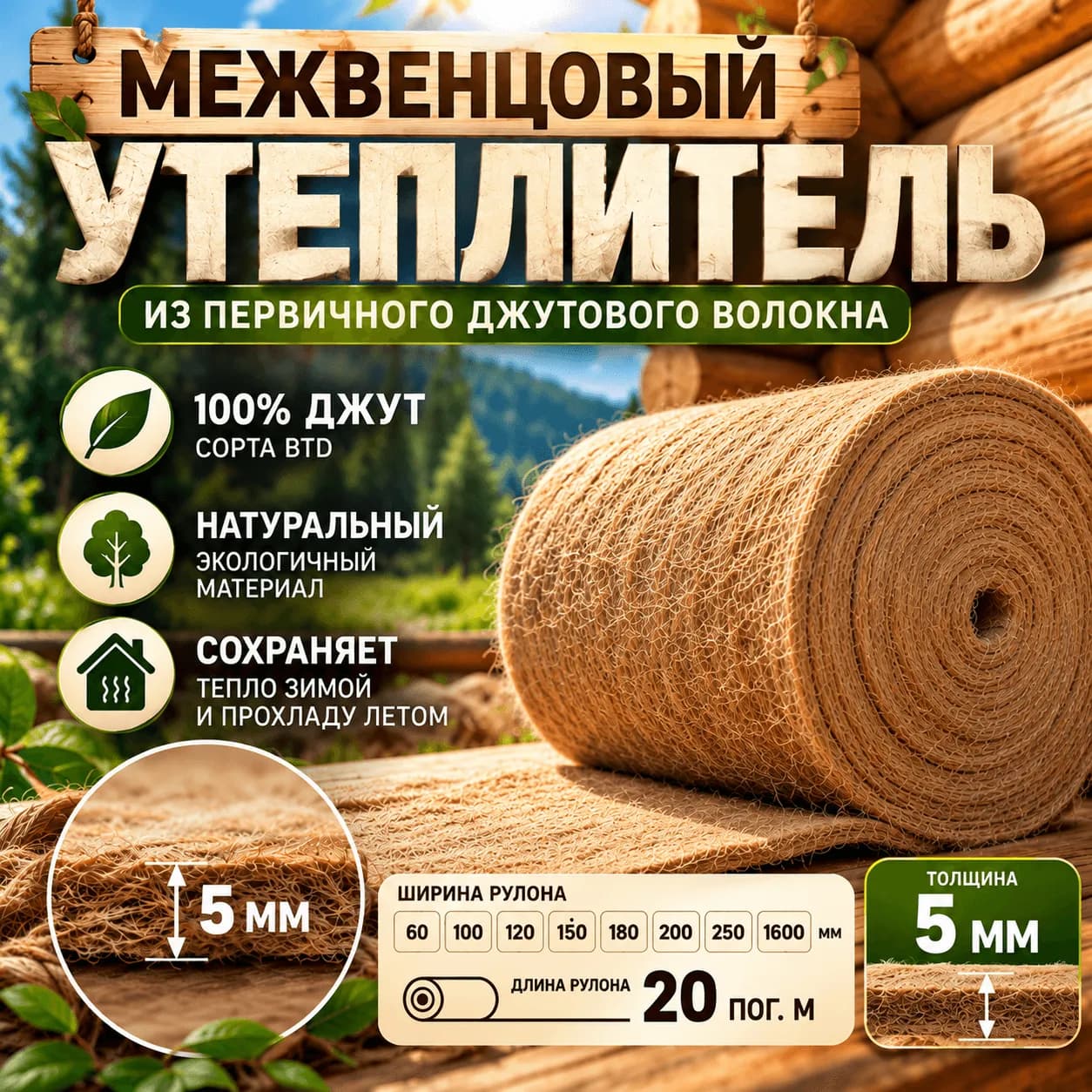 Межвенцовый утеплитель из джута 5мм