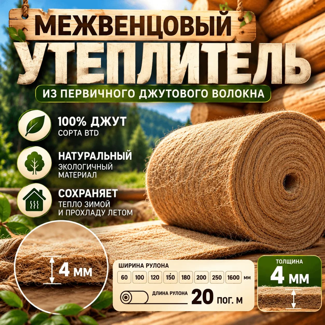 Межвенцовый утеплитель из джута 4мм