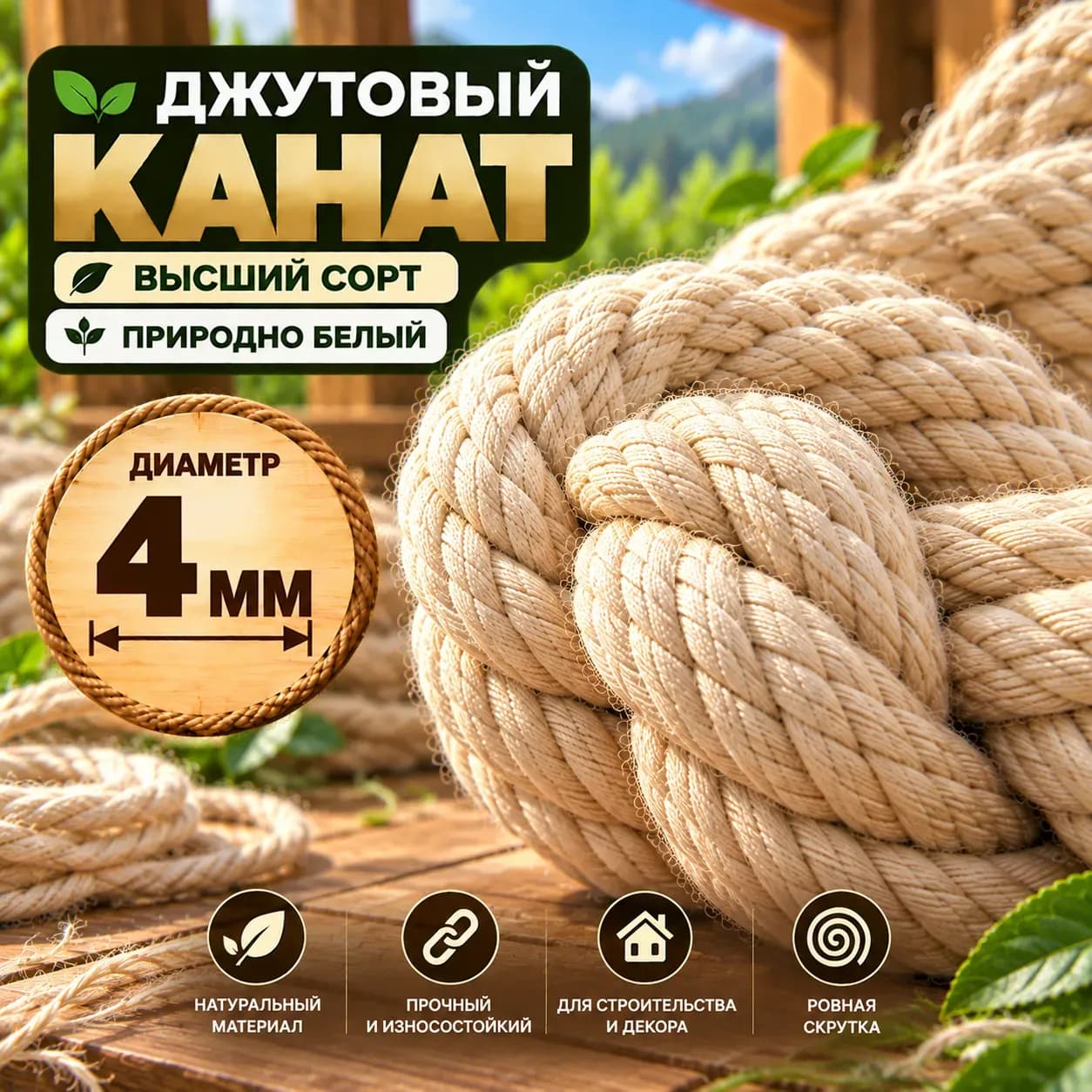 Джутовый канат 4 мм природно-белого оттенка — общий вид