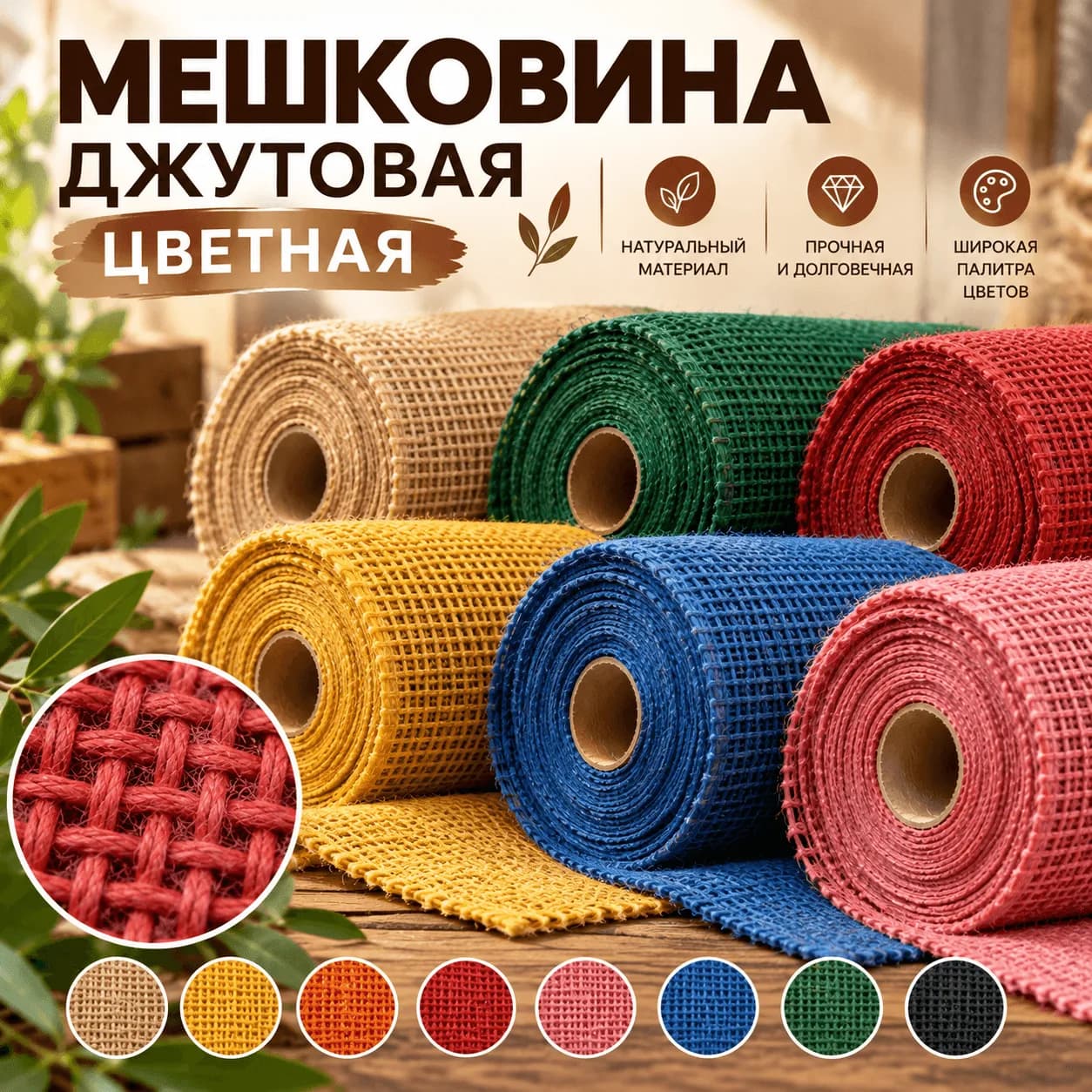 Мешковина джутовая цветная в рулонах разных оттенков — плотность 290 и 350 г/м², ширина 100 см, натуральное плетение