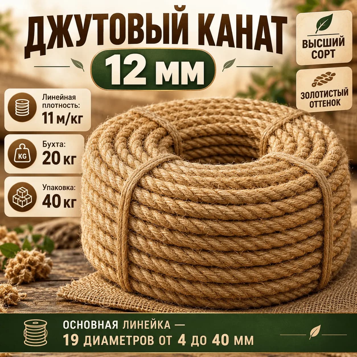 Джутовый канат 12 мм золотого оттенка — общий вид