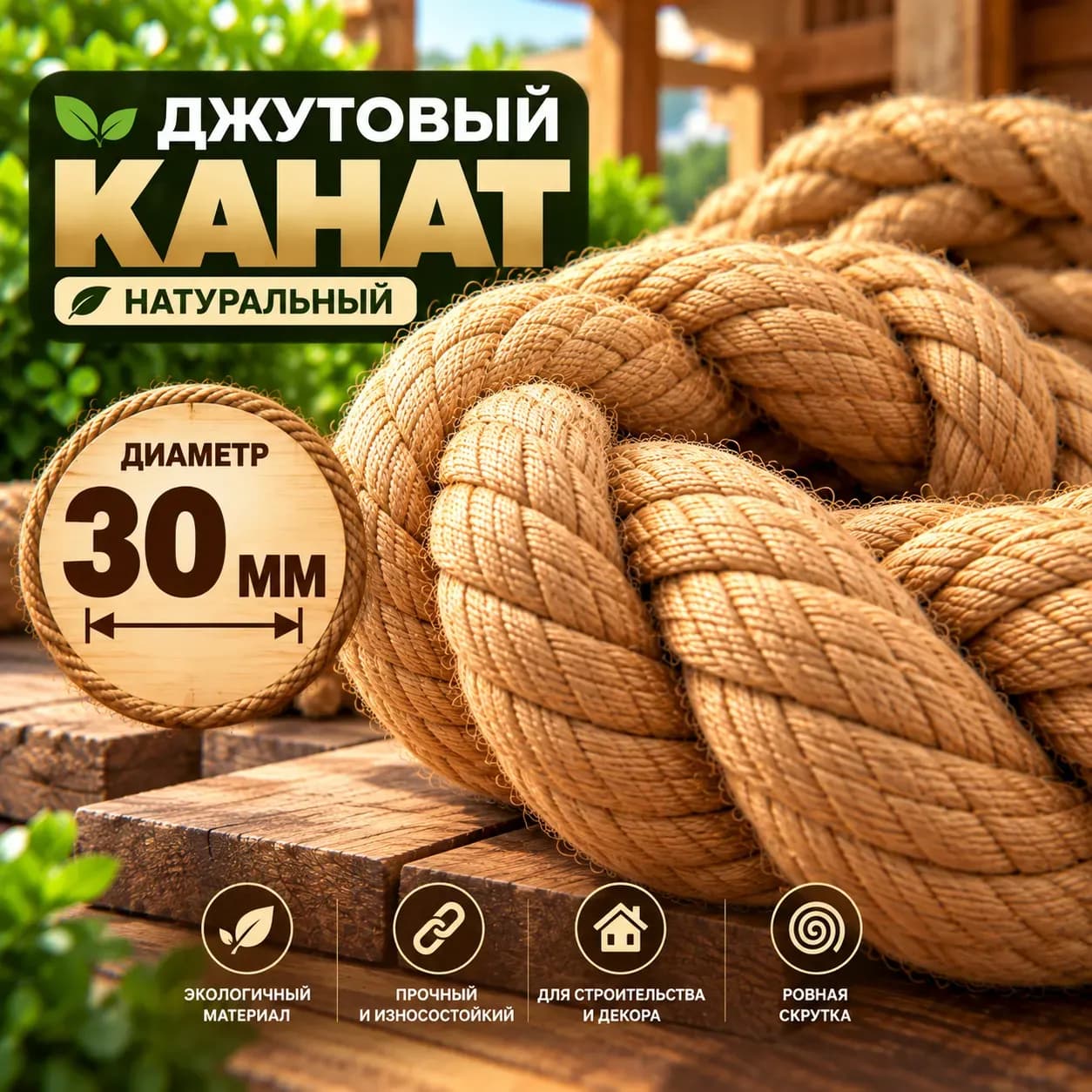 Джутовый канат 30 мм золотого оттенка — общий вид