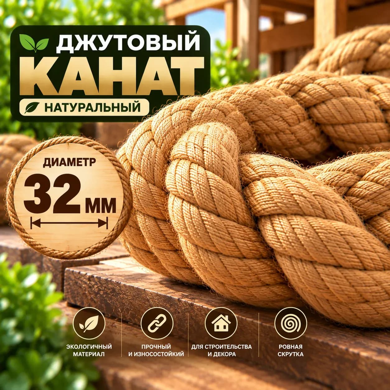 Джутовый канат 32 мм золотого оттенка — общий вид