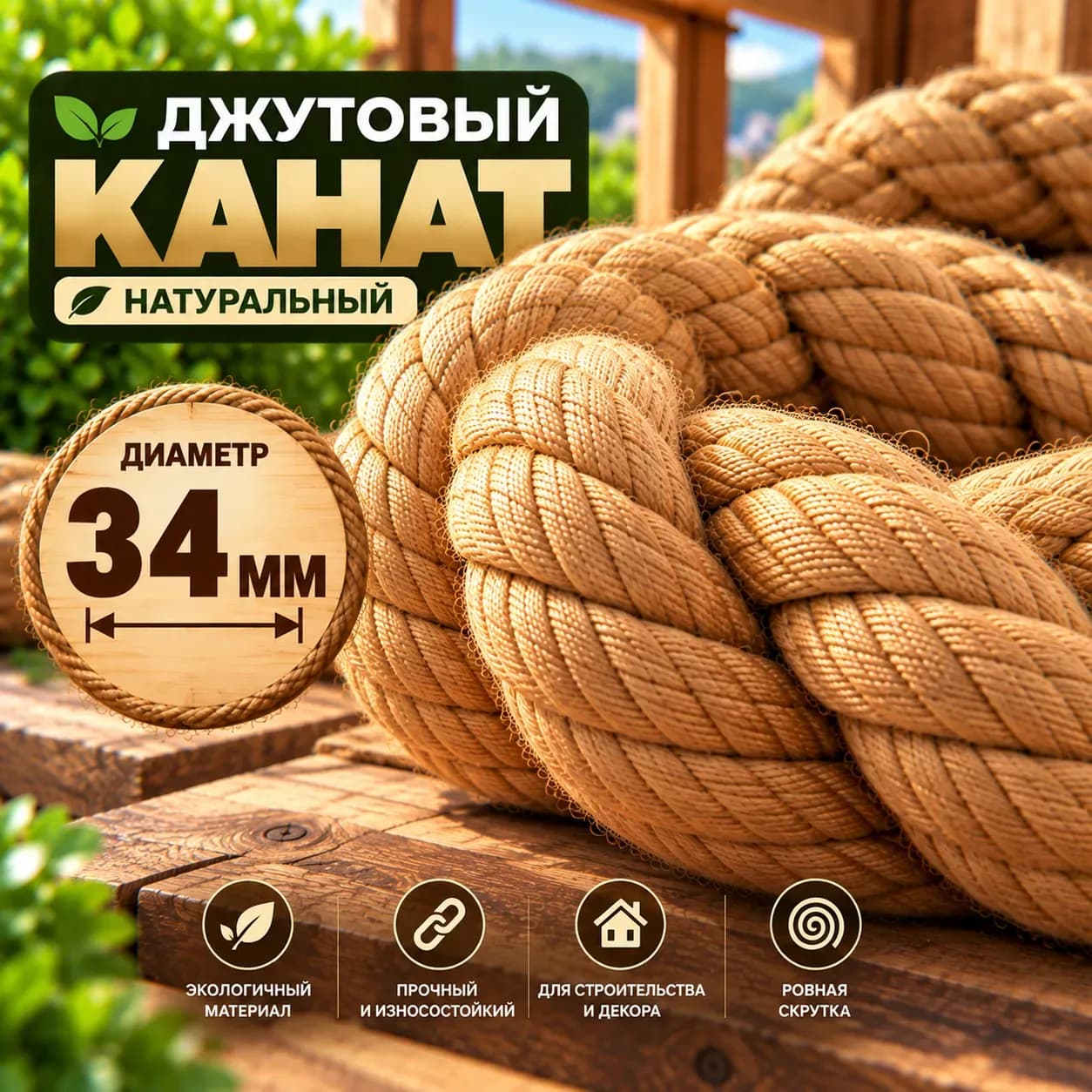 Джутовый канат 34 мм золотого оттенка — общий вид