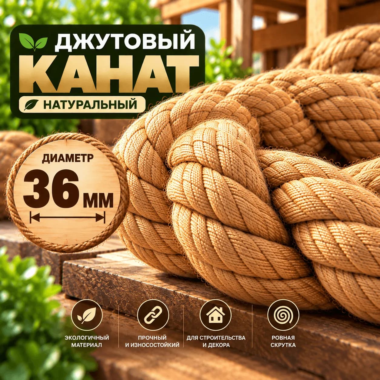 Джутовый канат 36 мм золотого оттенка — общий вид