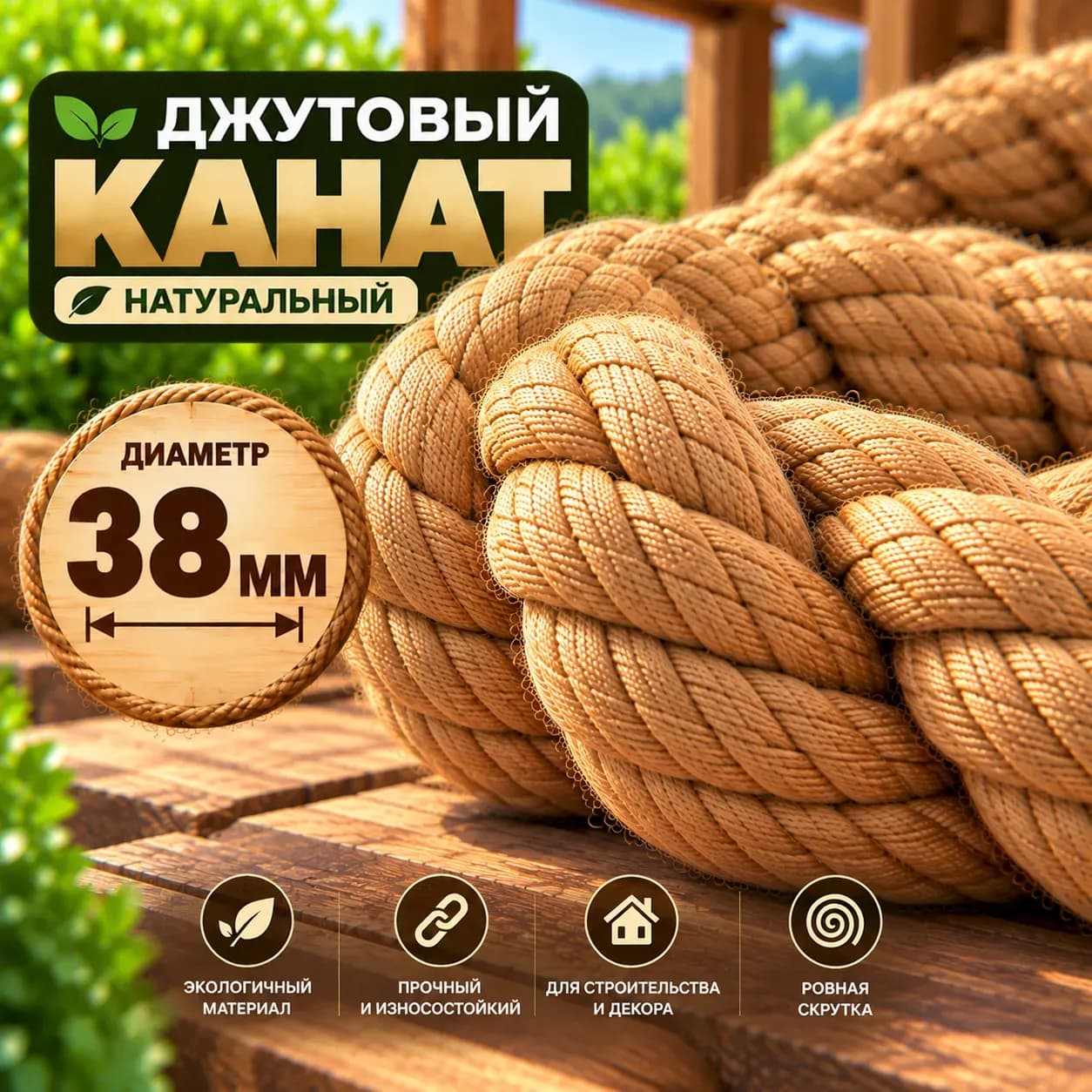 Джутовый канат 38 мм золотого оттенка — общий вид