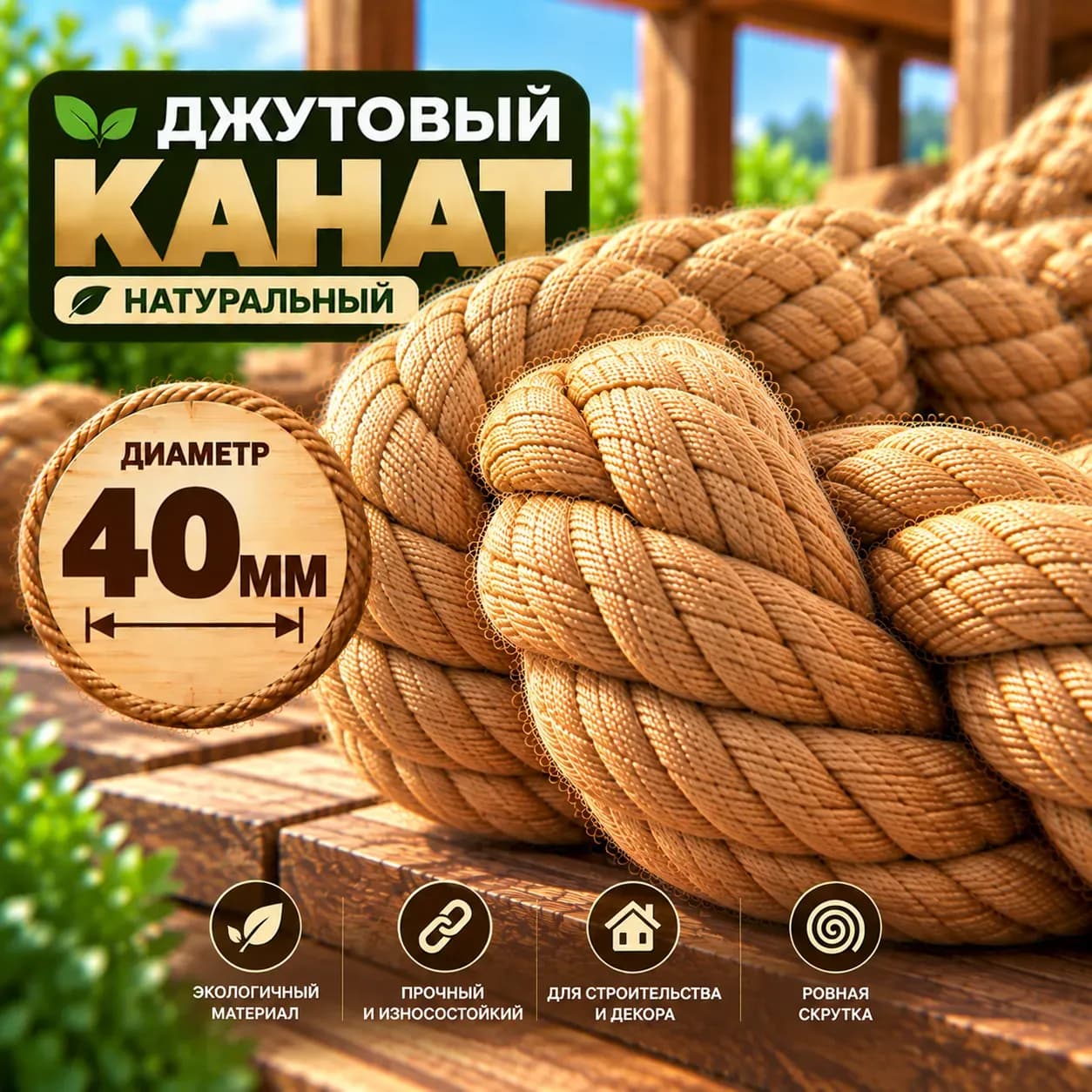 Джутовый канат 40 мм золотого оттенка — общий вид