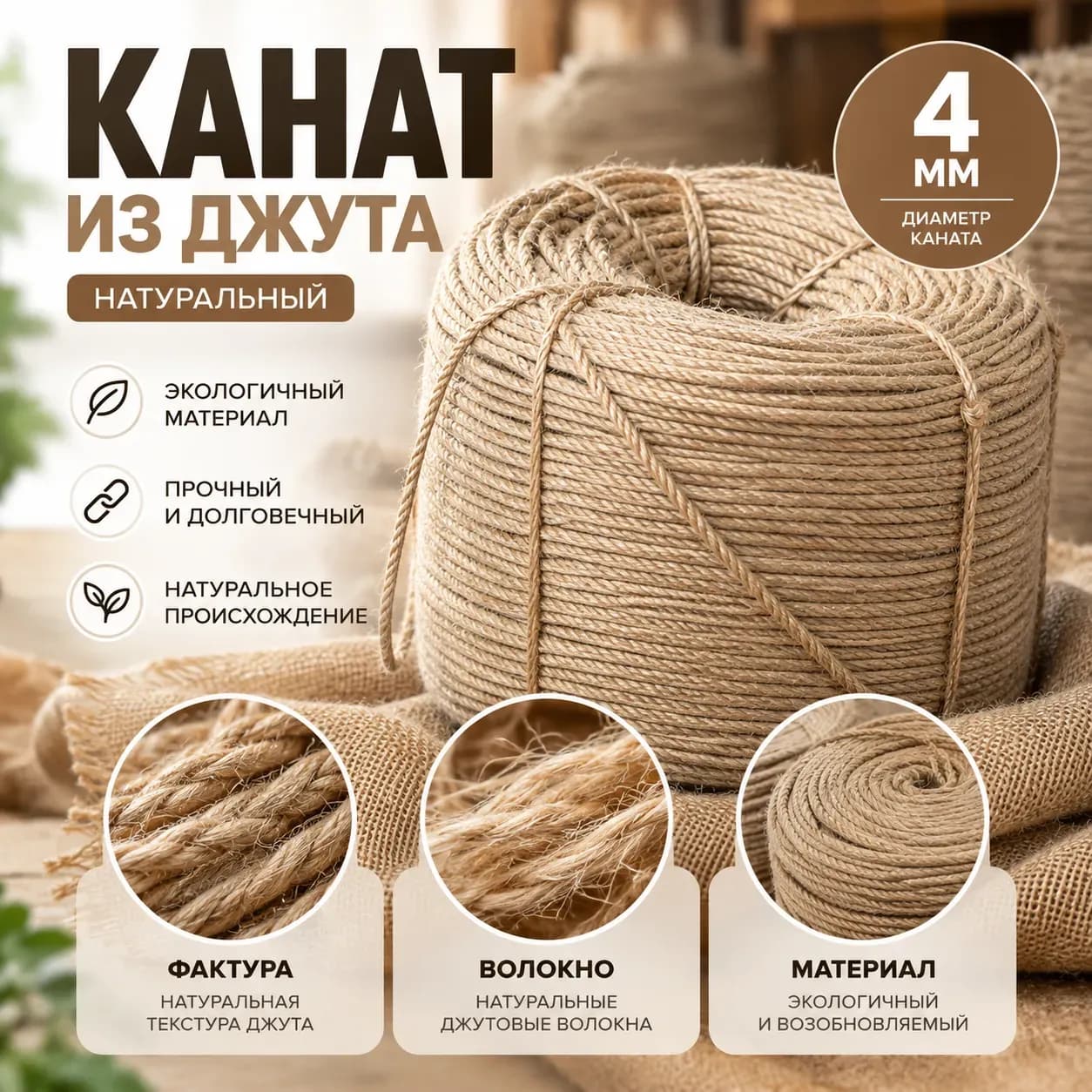 Джутовый канат 4 мм золотого оттенка — общий вид
