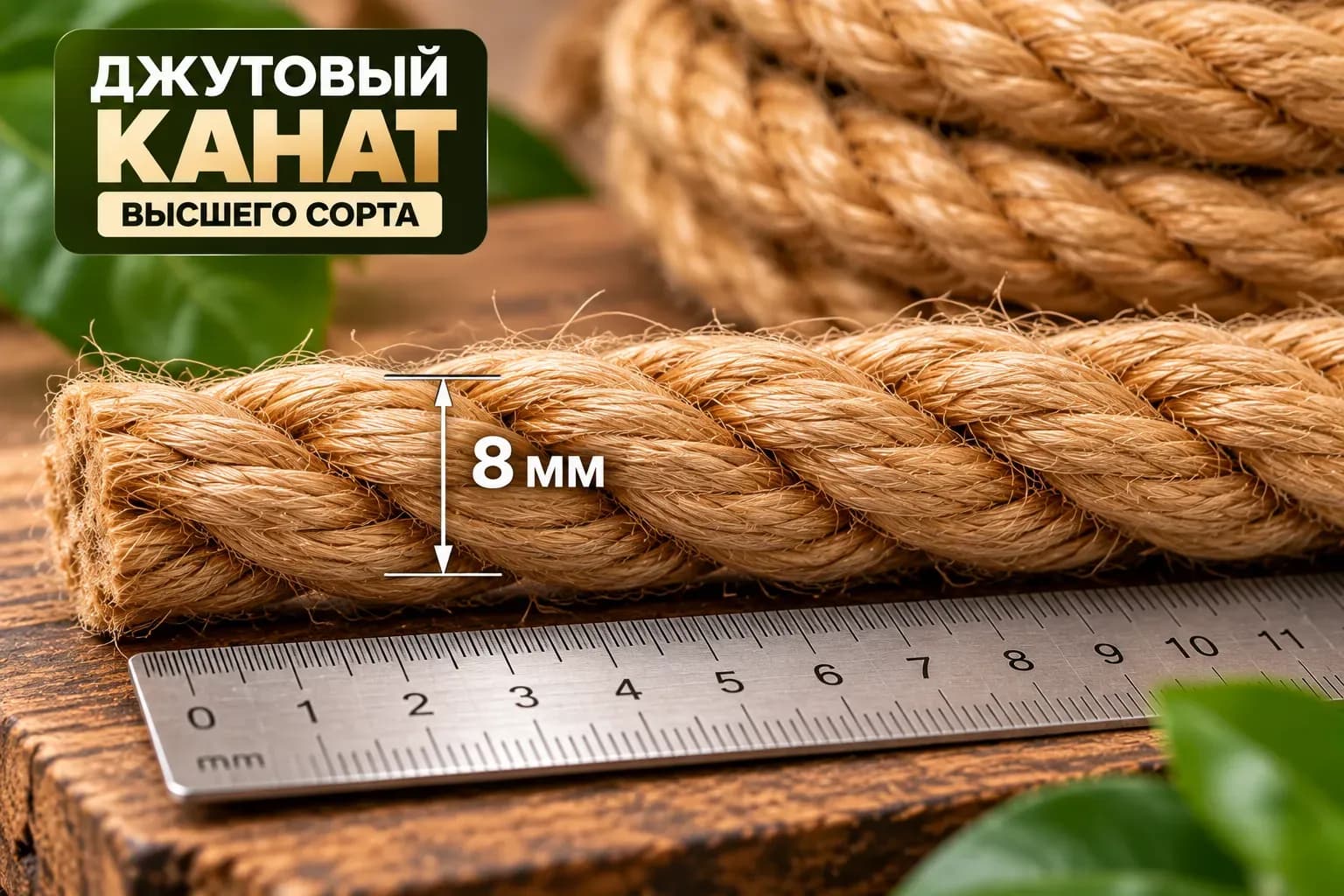 Джутовый канат 8 мм золотого оттенка — на деревянном фоне