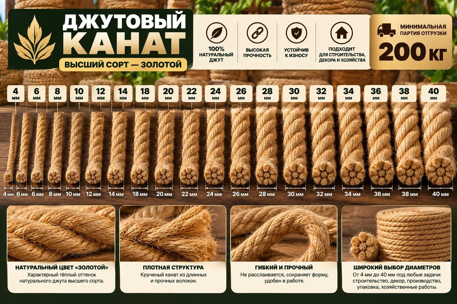 Инфографика диаметров джутового каната золотого оттенка