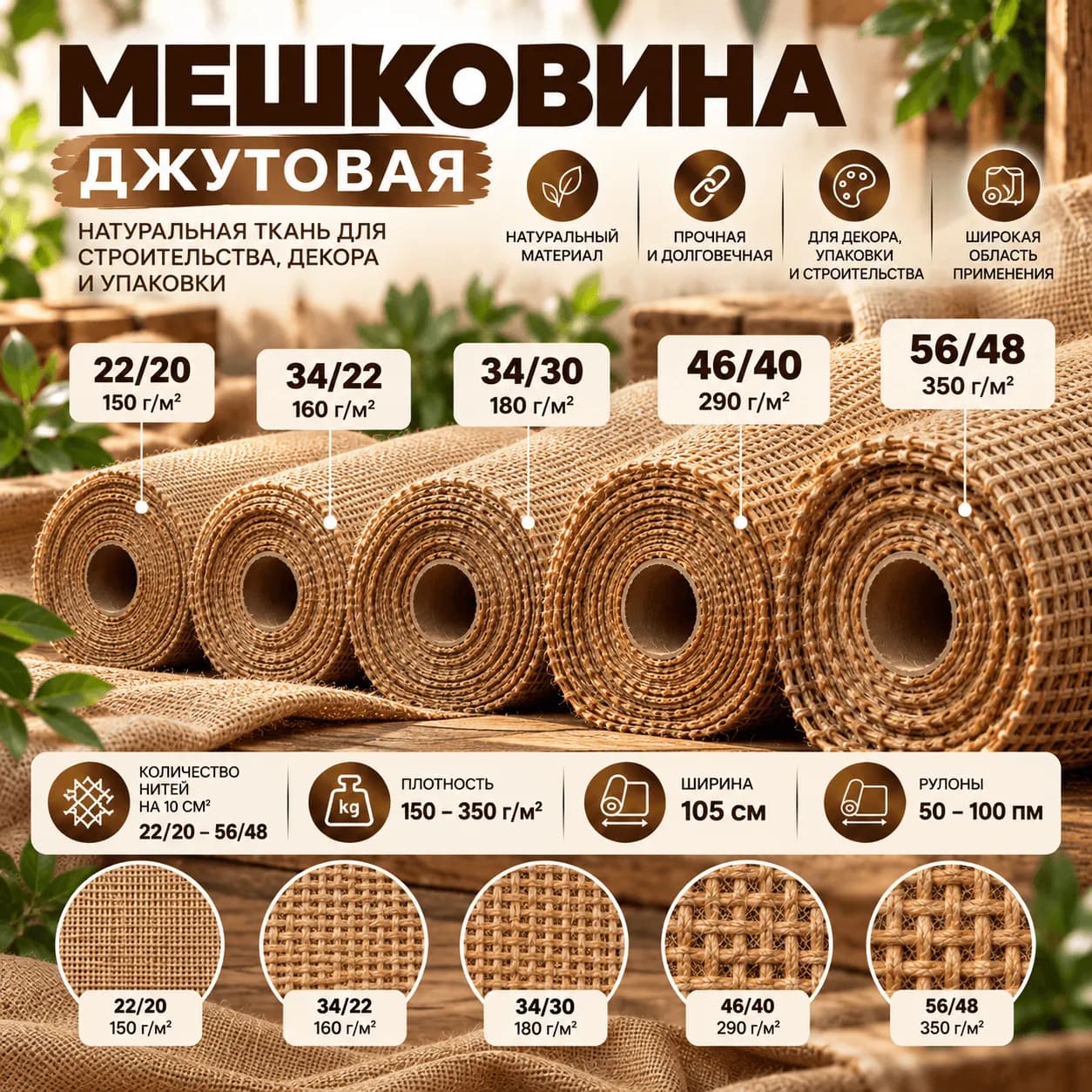 Мешковина джутовая натуральная в рулонах — 5 вариантов плотностью от 150 до 350 г/м², ширина 105 см, образцы плетения ткани