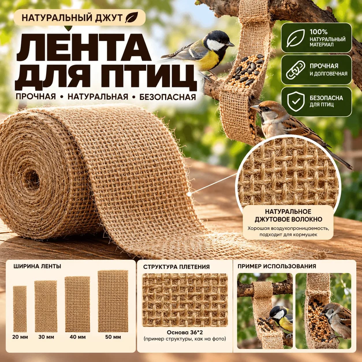 Натуральная джутовая лента для птиц