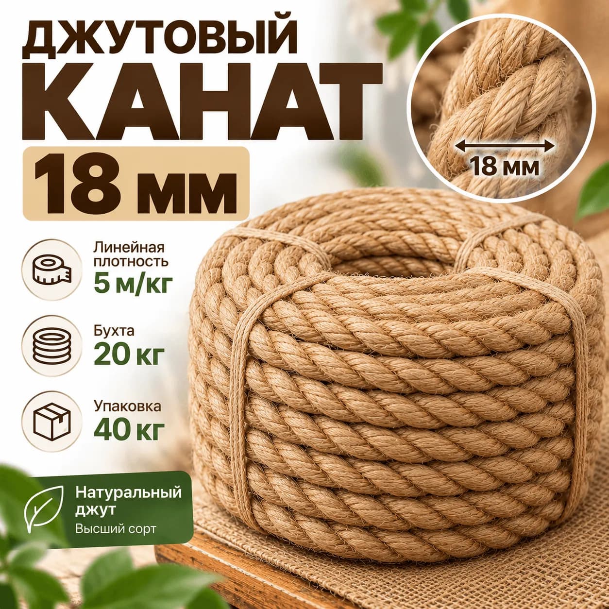 Джутовый канат 18 мм золотого оттенка — общий вид