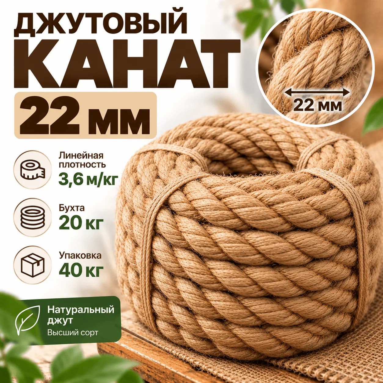 Джутовый канат 22 мм золотого оттенка — общий вид