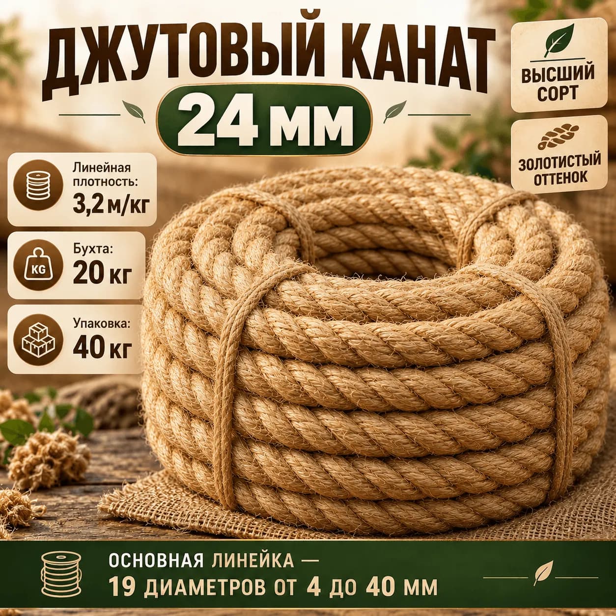 Джутовый канат 24 мм золотого оттенка — общий вид