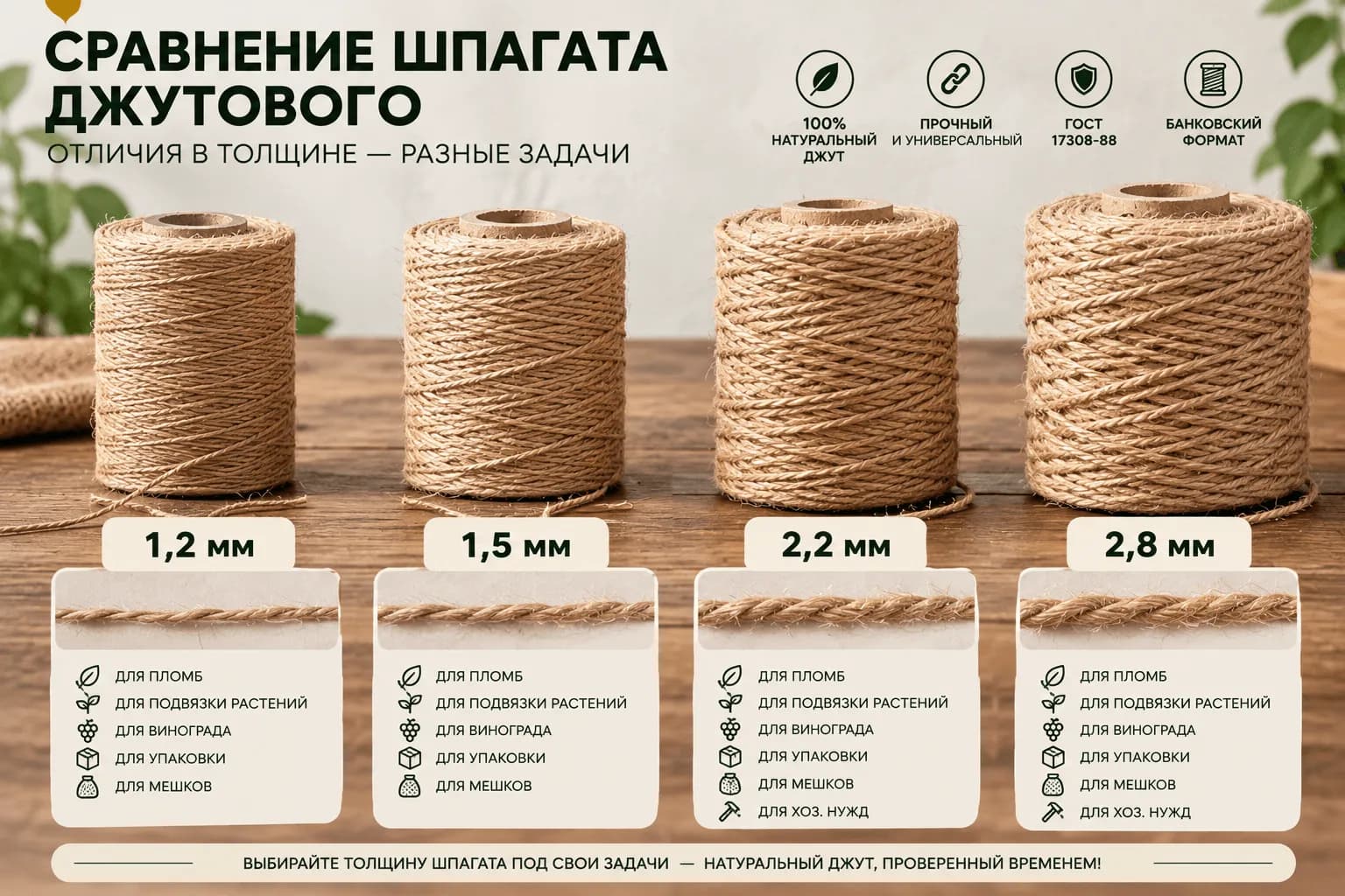 Сравнение джутового шпагата по толщине